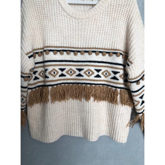 Driftwood Geometric 3D Tassel Pom-Pom Sweater Women's XL Cream NEW - Picture 2 of 9